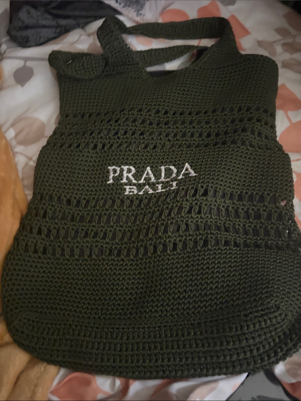 Prada Olive Green Crochet Tote with White Logo